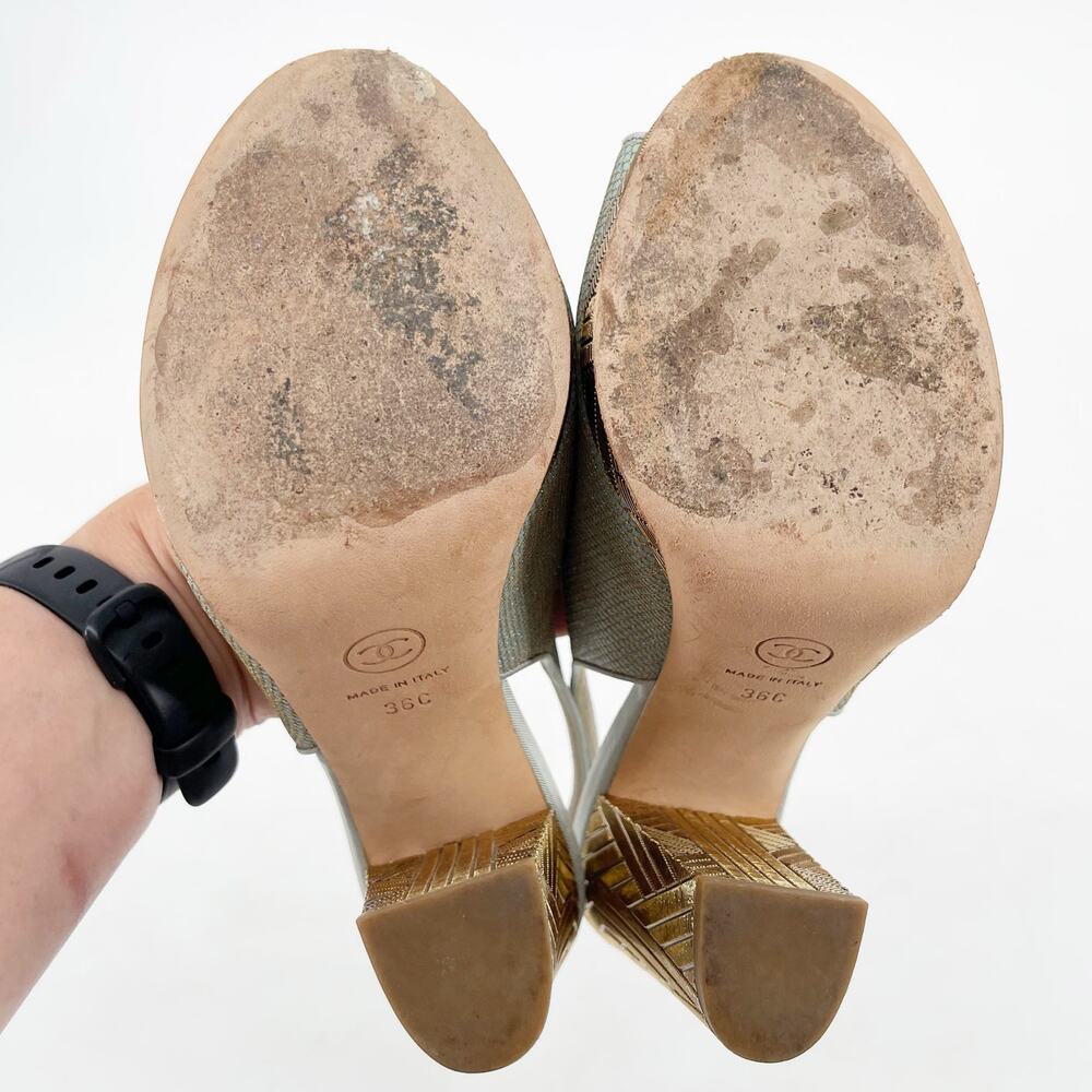 Chanel Cruise 2013 Metallic Gold Teal Satin Camellia Flower Slingback Heels 36C - Picture 11 of 13